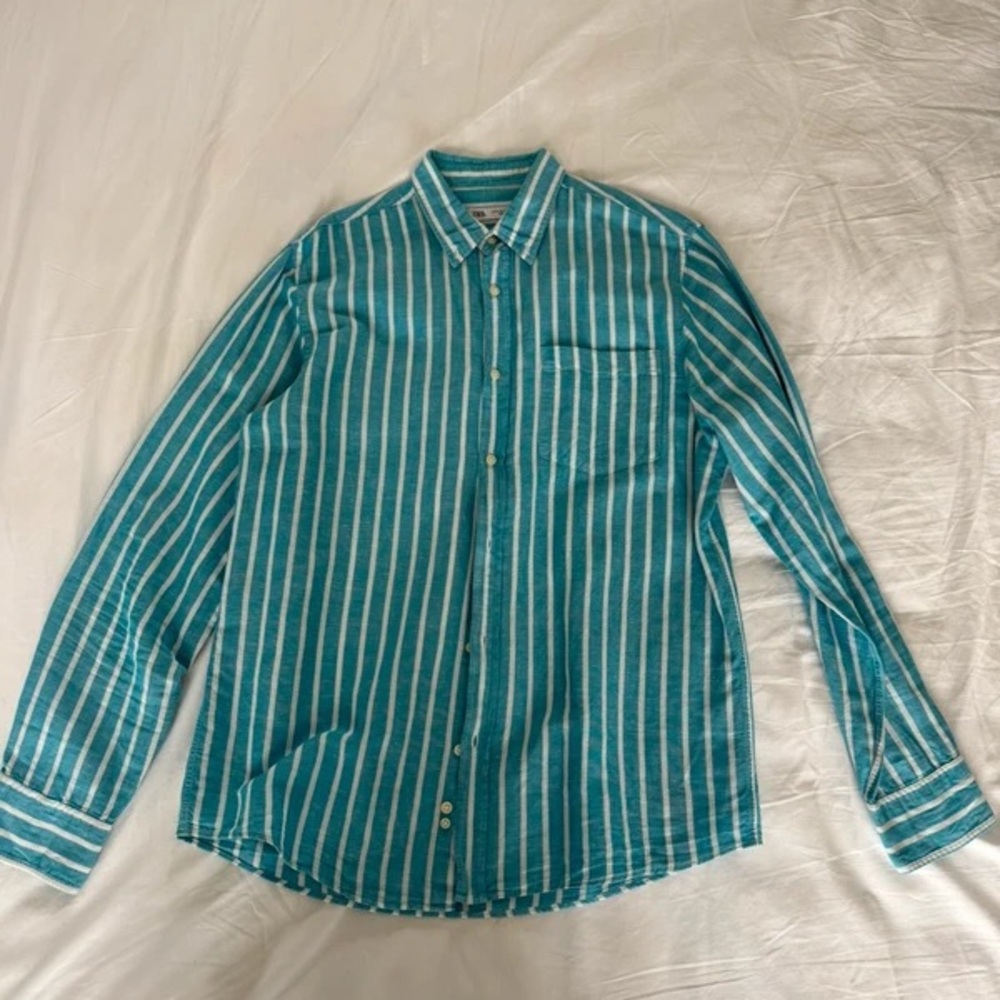 Zara Men's Shirt in Teal and White Stripes